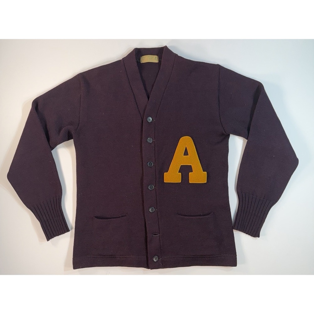 Vintage Letterman Cardigan Sweater Wool Burgundy Patchwork USA Mens 42 50s 60s